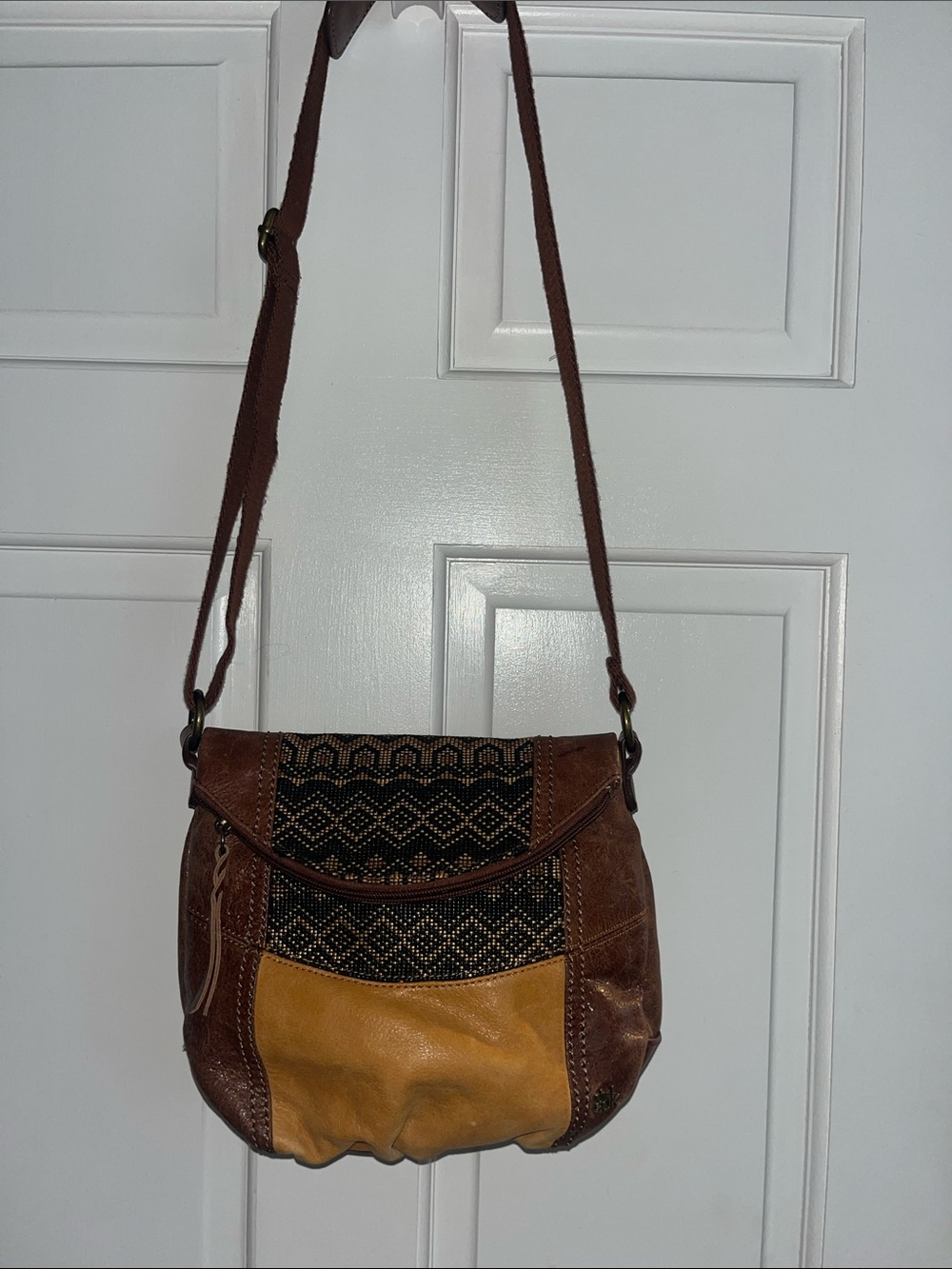 The Sak Deena Flap Brown & Mustard Leather Crossbody Bag with Woven Detail